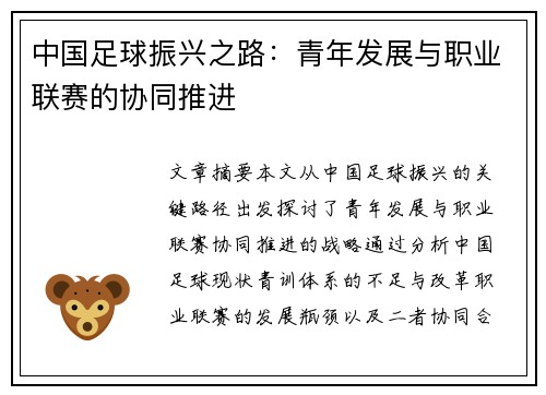 中国足球振兴之路：青年发展与职业联赛的协同推进