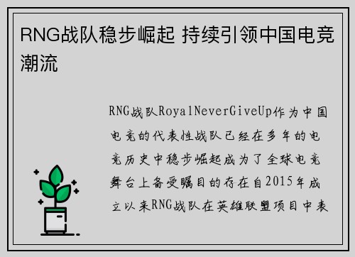 RNG战队稳步崛起 持续引领中国电竞潮流