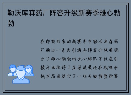 勒沃库森药厂阵容升级新赛季雄心勃勃