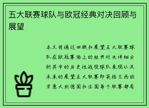 五大联赛球队与欧冠经典对决回顾与展望